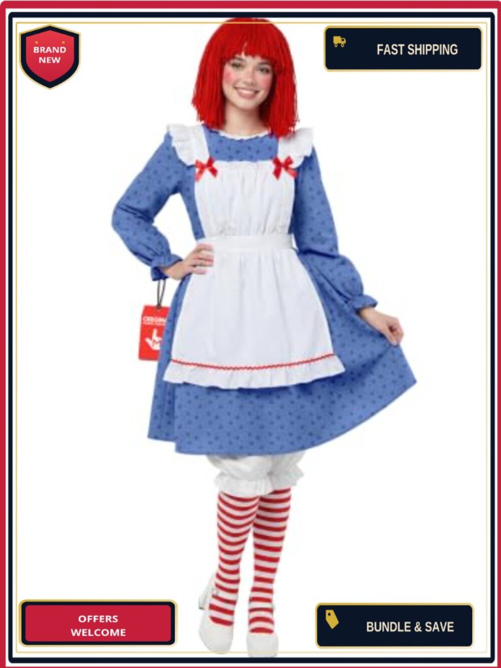 Vintage Rag Doll Costume Set Wig Apron Dress Halloween Theater Party